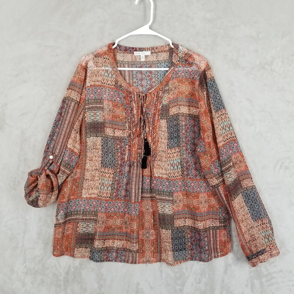 Pale Sky Tunic Womens XXL Multicolor Patchwork Metallic Boho Peasant Flowy Top